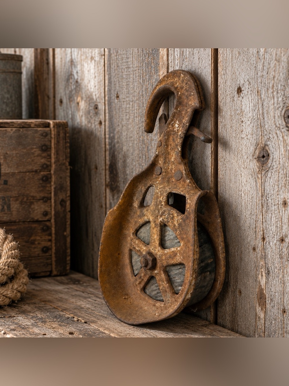 Vintage Cast Iron Wood Pulley Block 10.5" Hook Farm Barn Industrial Decor
